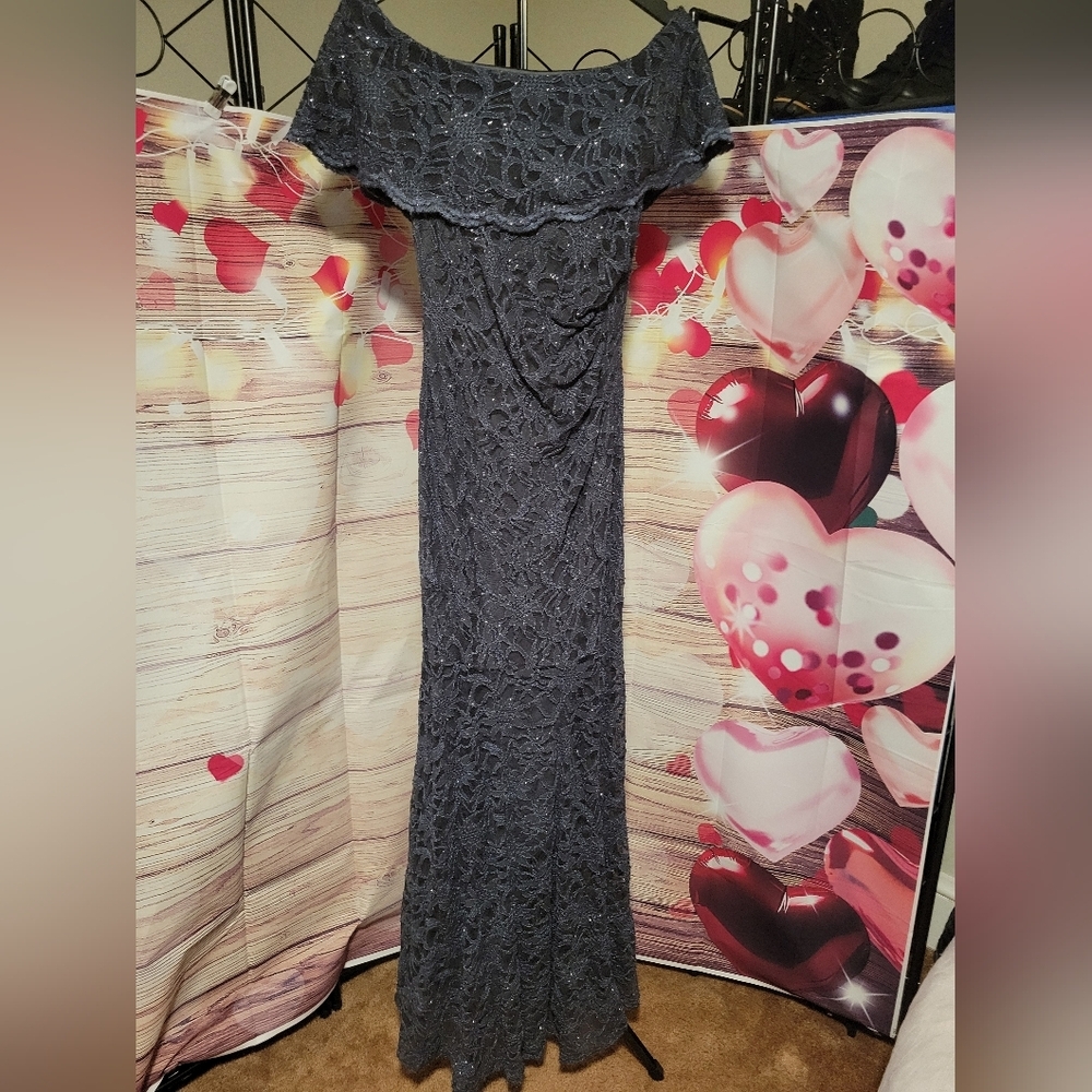 Xscape Off-Shoulder Lace Maxi Dress in Gray